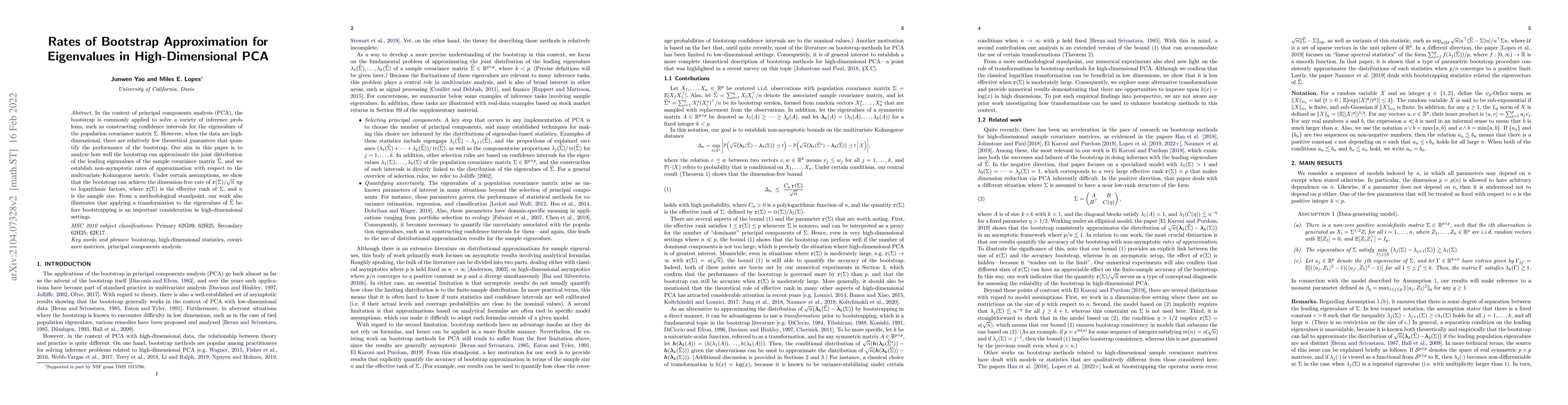 Thumbnail for Rates of Bootstrap Approximation for Eigenvalues in High-Dimensional PCA