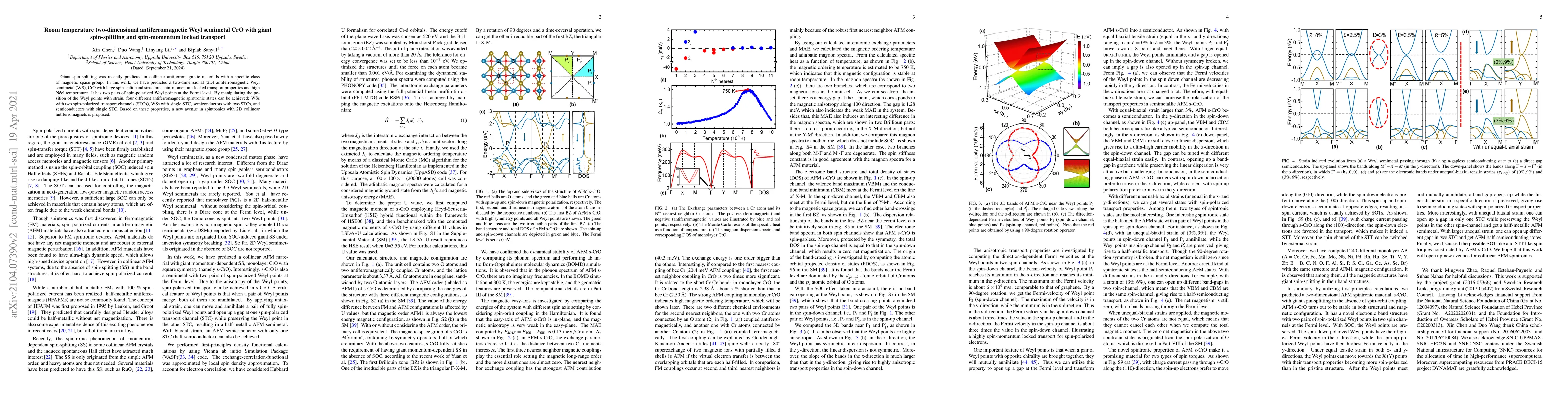Thumbnail for Room temperature two-dimensional antiferromagnetic Weyl semimetal CrO
  with giant spin-splitting and spin-momentum locked transport