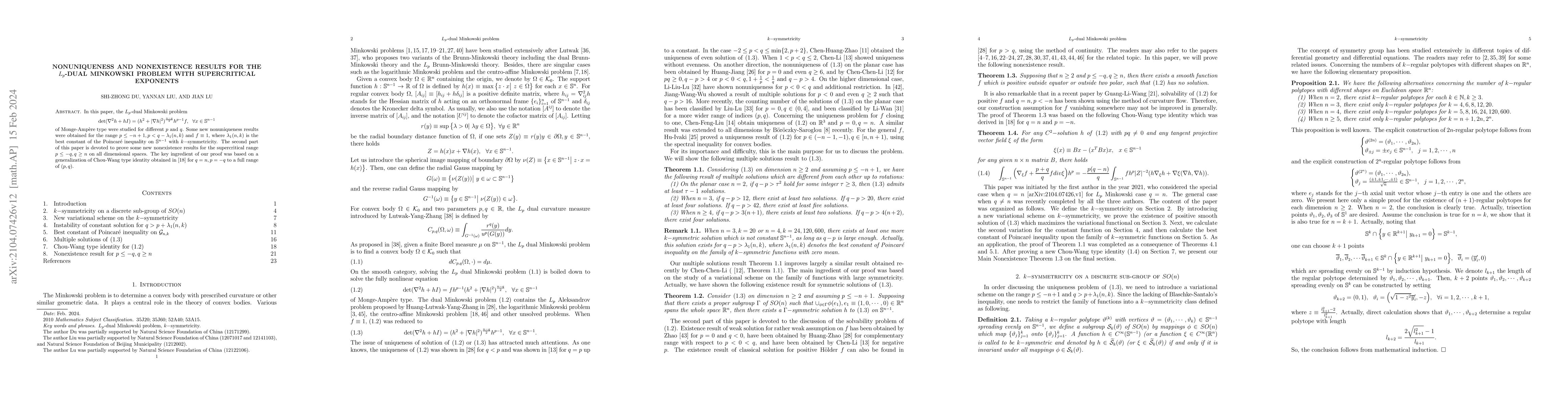 Thumbnail for Nonuniqueness and nonexistence results for the Lp-dual Minkowski problem
  with supercritical exponents