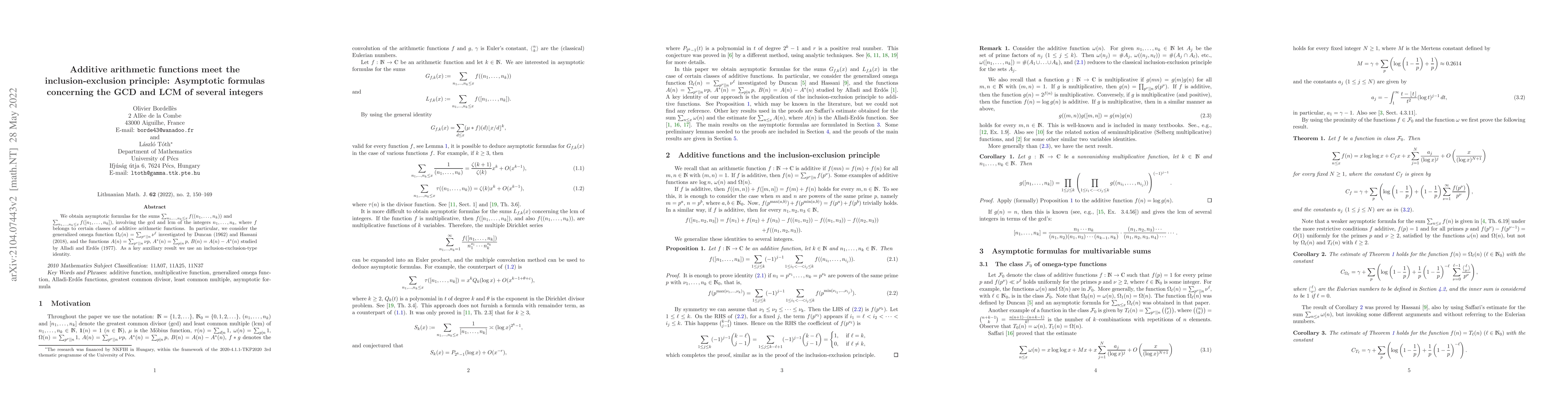 Thumbnail for Additive arithmetic functions meet the inclusion-exclusion principle:
  Asymptotic formulas concerning the GCD and LCM of several integers