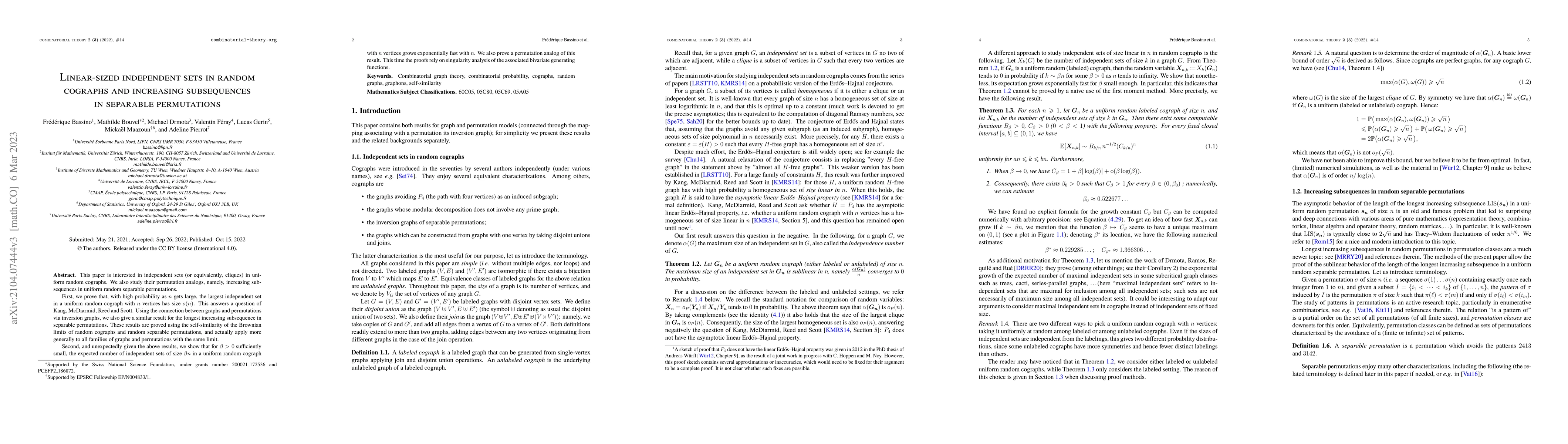 Thumbnail for Linear-sized independent sets in random cographs and increasing
  subsequences in separable permutations