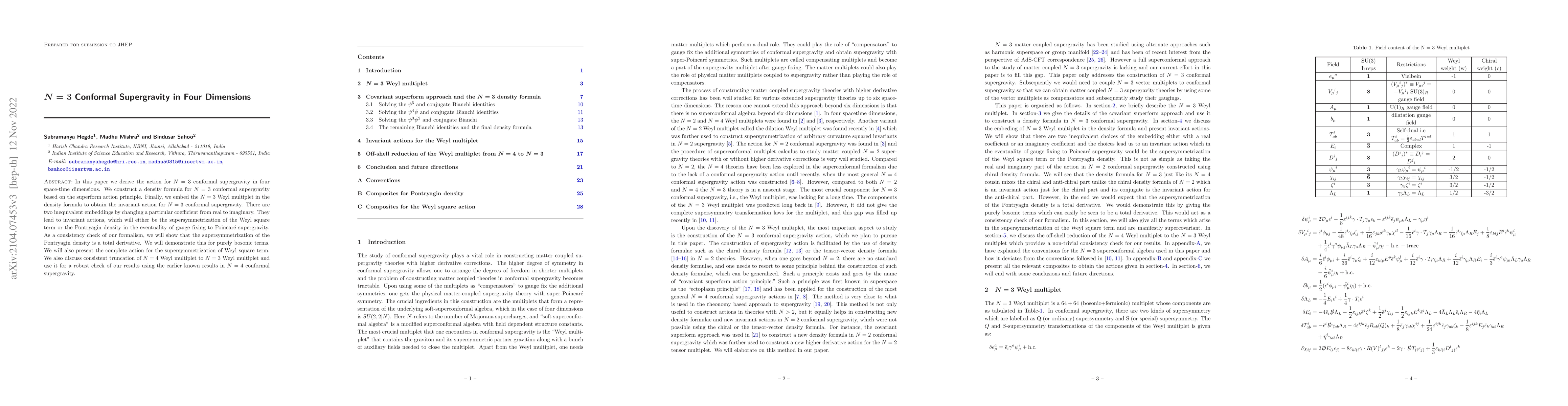 Thumbnail for N = 3 Conformal Supergravity in Four Dimensions