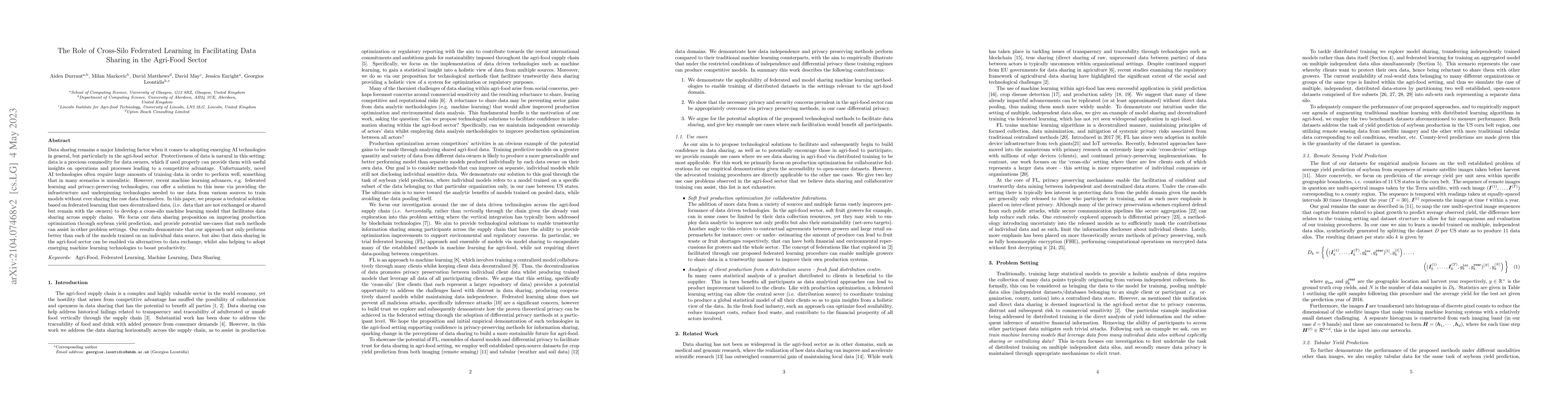 Thumbnail for The Role of Cross-Silo Federated Learning in Facilitating Data Sharing
  in the Agri-Food Sector
