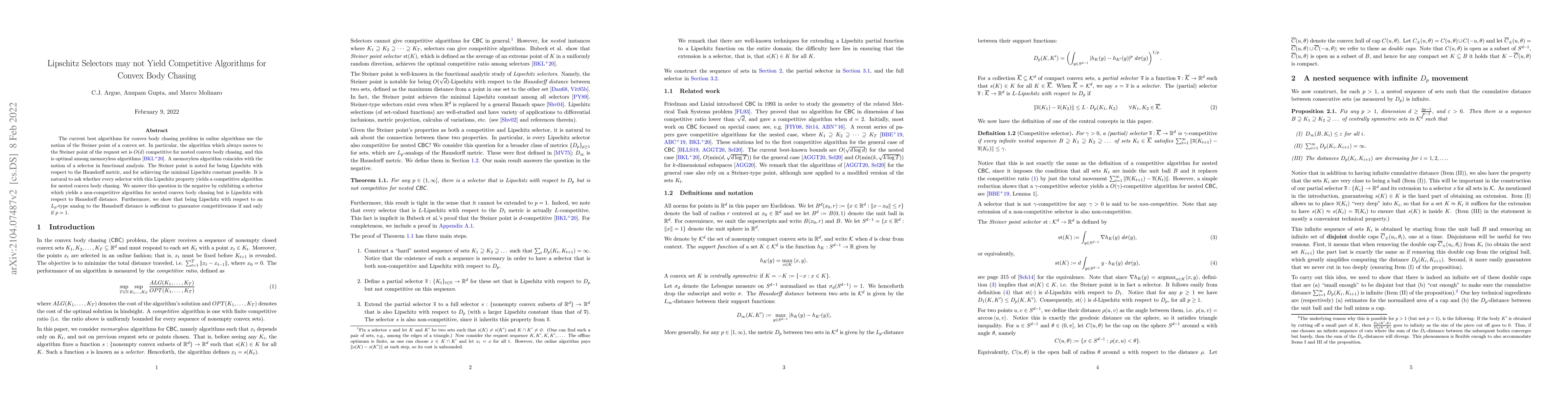 Thumbnail for Lipschitz Selectors may not Yield Competitive Algorithms for Convex Body
  Chasing
