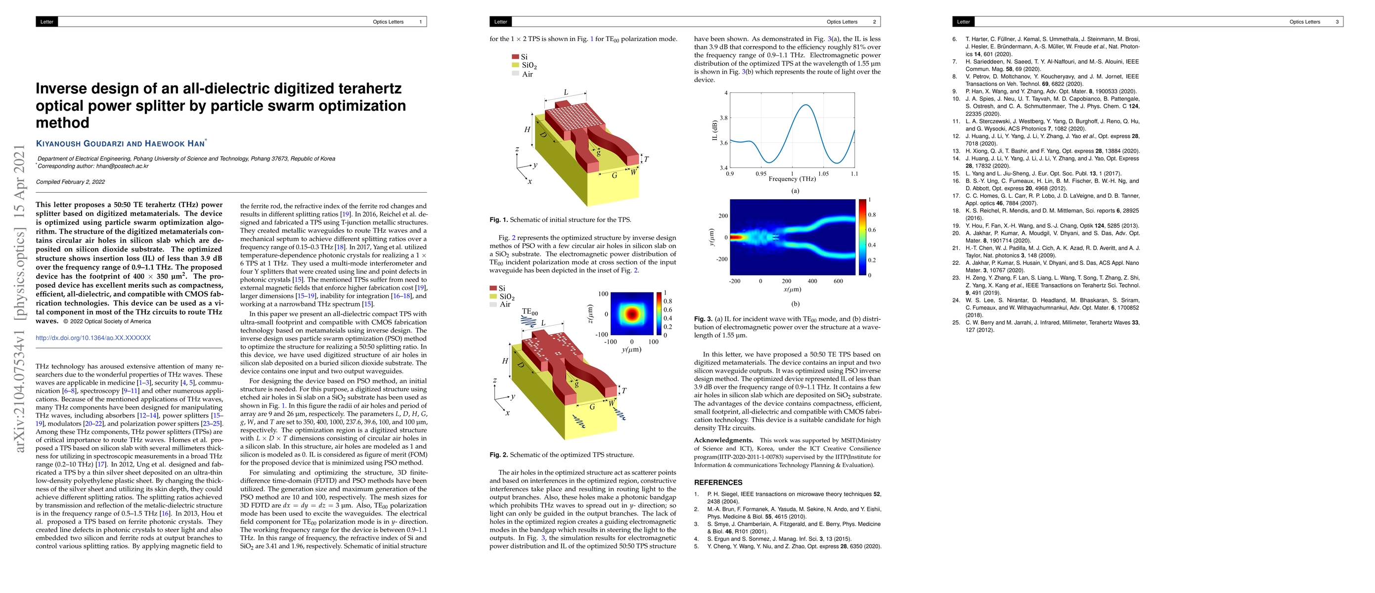 Thumbnail for Inverse design of an all-dielectric digitized terahertz optical power
  splitter by particle swarm optimization method