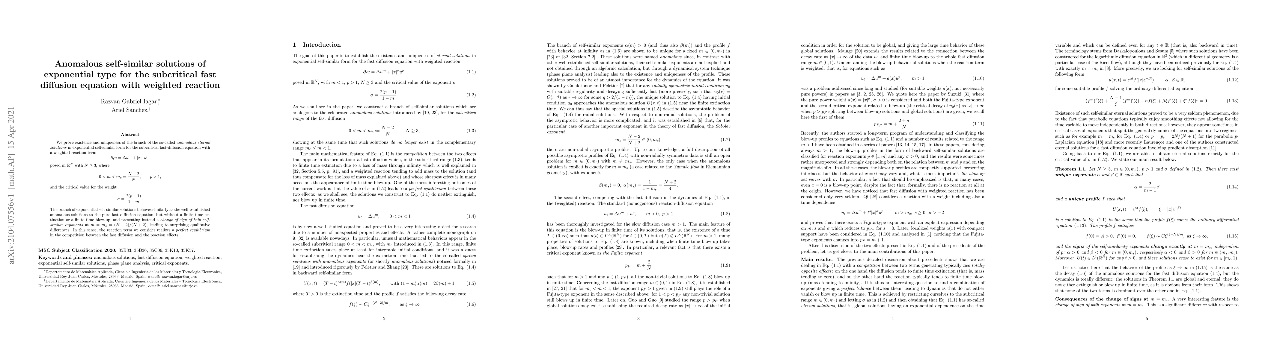 Thumbnail for Anomalous self-similar solutions of exponential type for the subcritical
  fast diffusion equation with weighted reaction