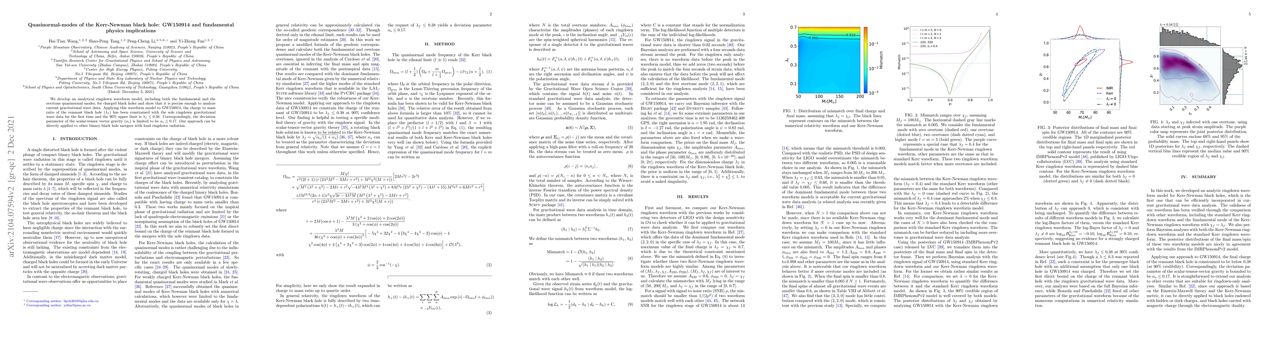Thumbnail for Quasinormal-modes of the Kerr-Newman black hole: GW150914 and
  fundamental physics implications