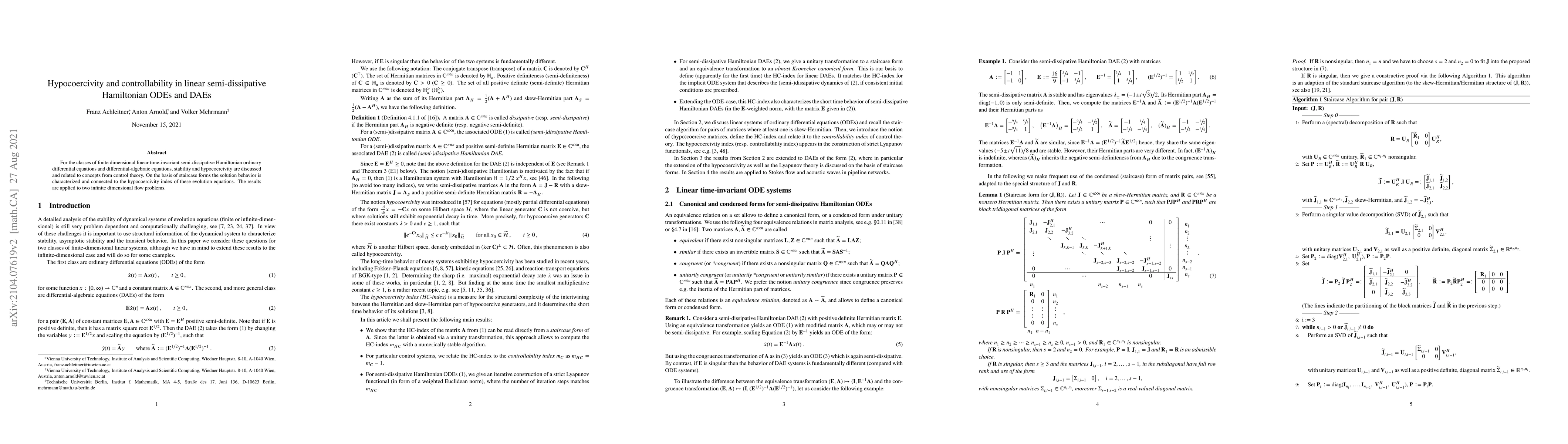Thumbnail for Hypocoercivity and controllability in linear semi-dissipative
  Hamiltonian ODEs and DAEs