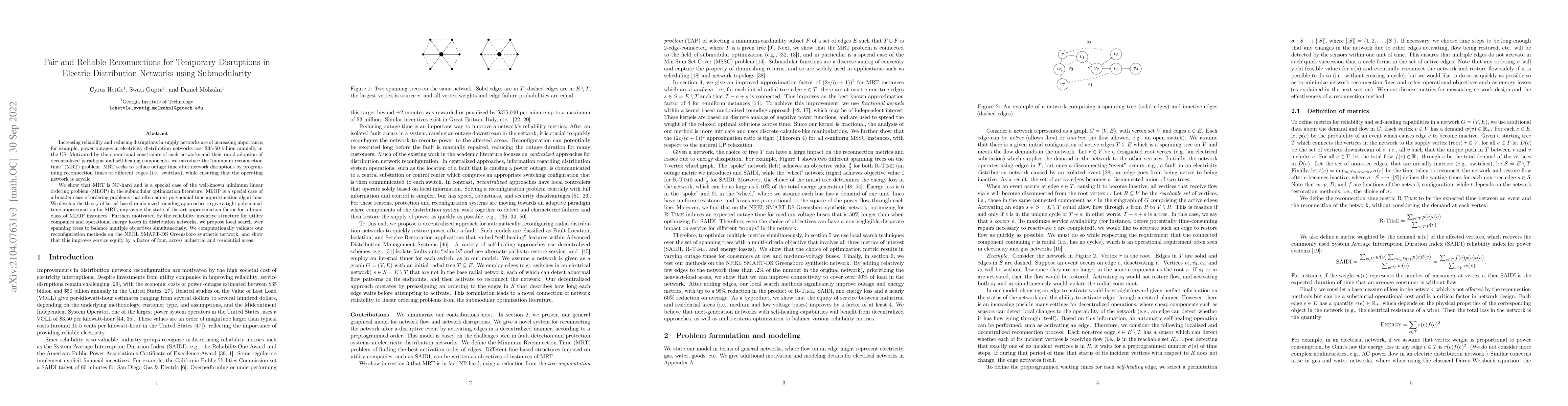 Thumbnail for Fair and Reliable Reconnections for Temporary Disruptions in Electric
  Distribution Networks using Submodularity