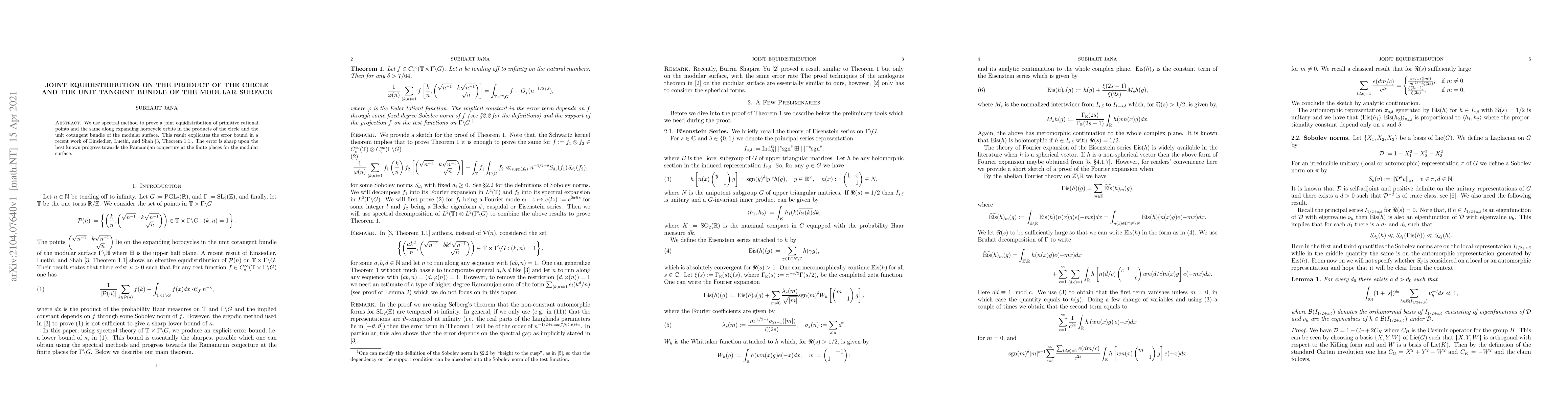 Thumbnail for Joint equidistribution on the product of the circle and the unit tangent
  bundle of the modular surface