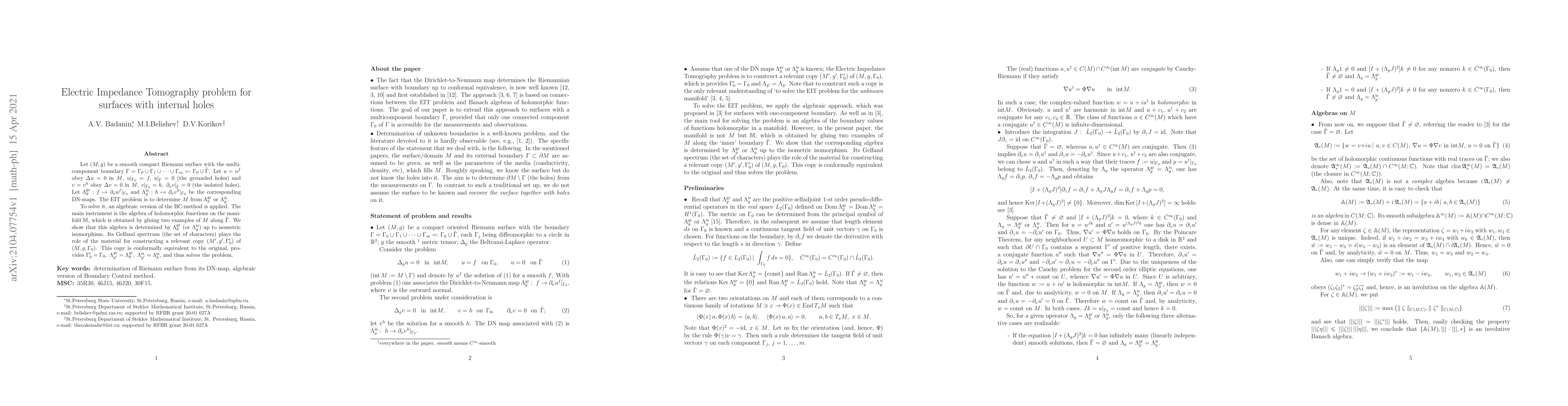 Thumbnail for Electric Impedance Tomography problem for surfaces with internal holes