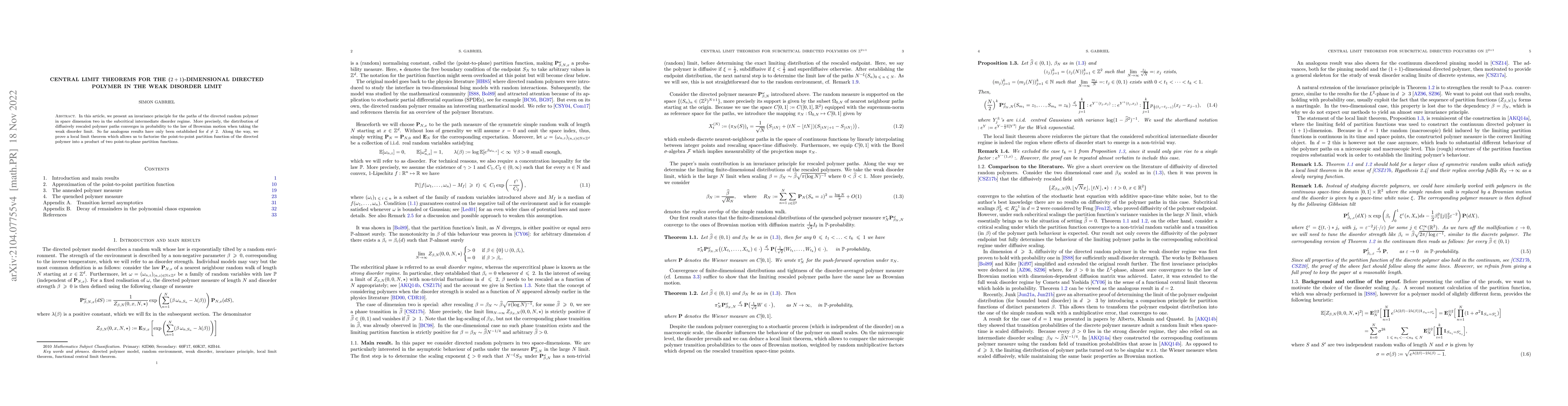 Thumbnail for Central limit theorems for the (2+1)-dimensional directed polymer in the
  weak disorder limit