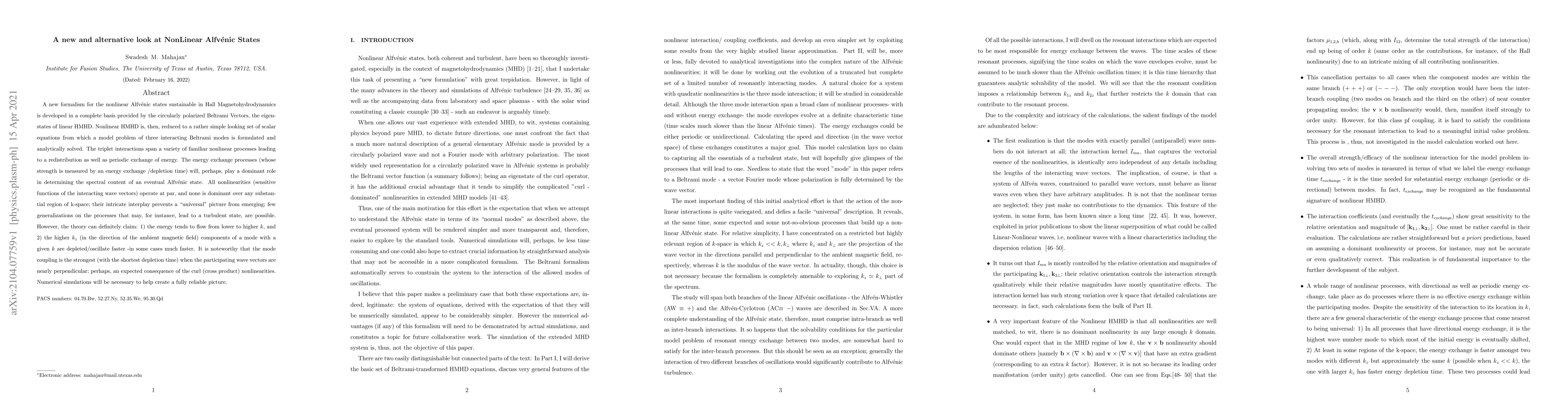 Thumbnail for A new and alternative look at NonLinear Alfv\'enic States