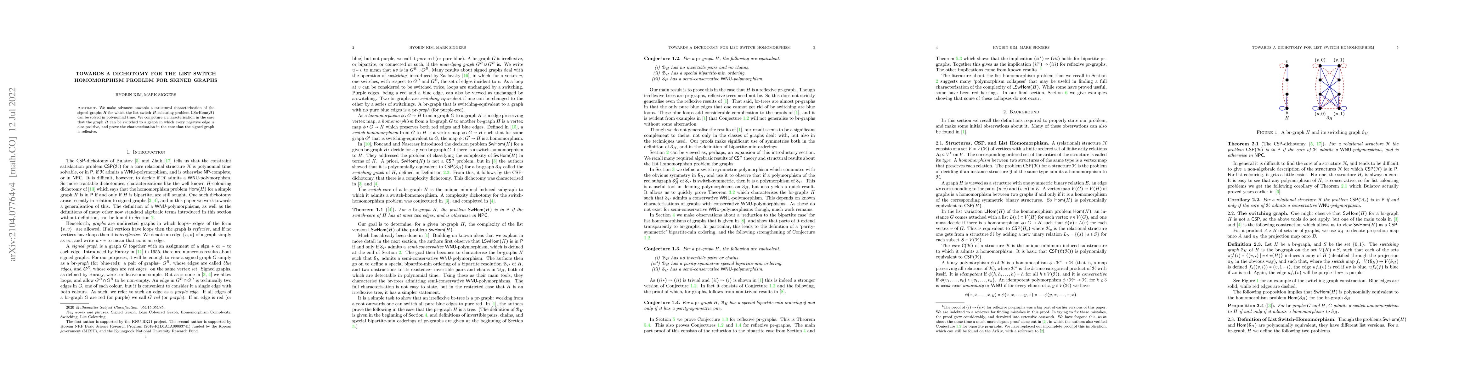Thumbnail for Towards a dichotomy for the switch list homomorphism problem for signed
  graphs