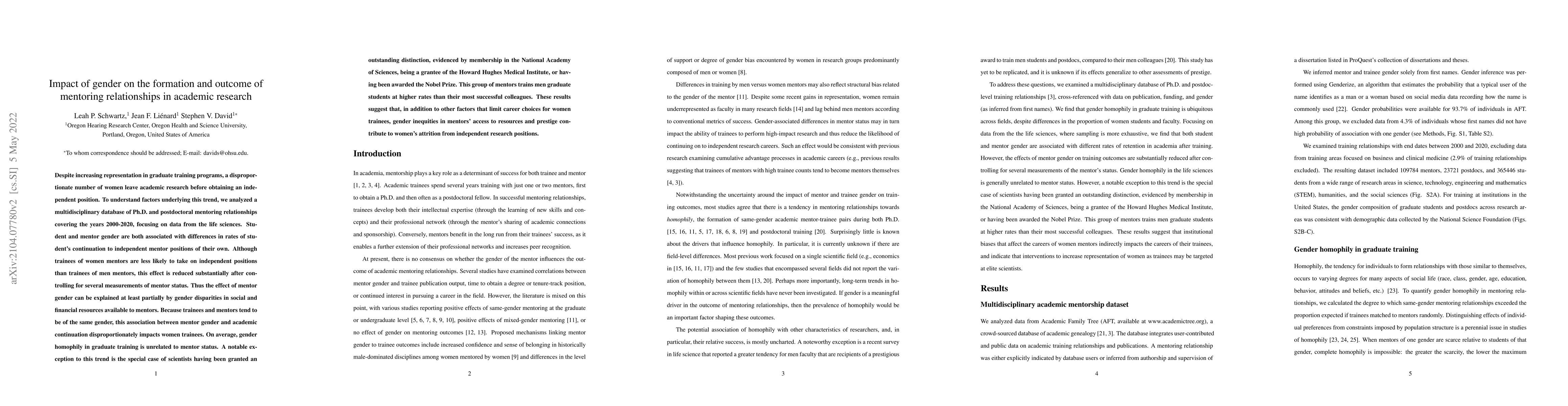 Thumbnail for Impact of gender on the formation and outcome of mentoring relationships
  in academic research