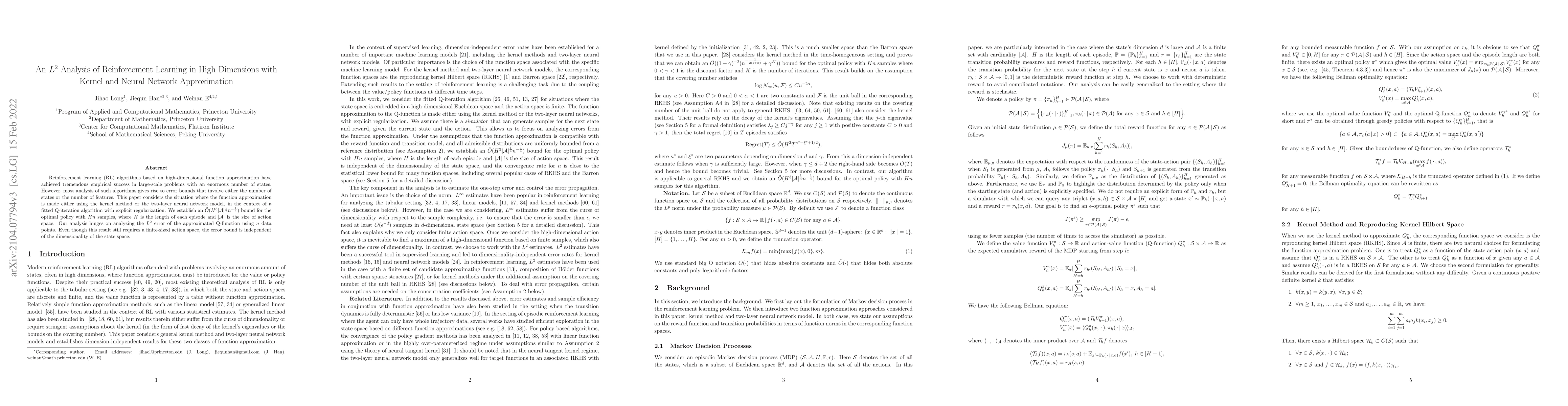 Thumbnail for An $L^2$ Analysis of Reinforcement Learning in High Dimensions with
  Kernel and Neural Network Approximation