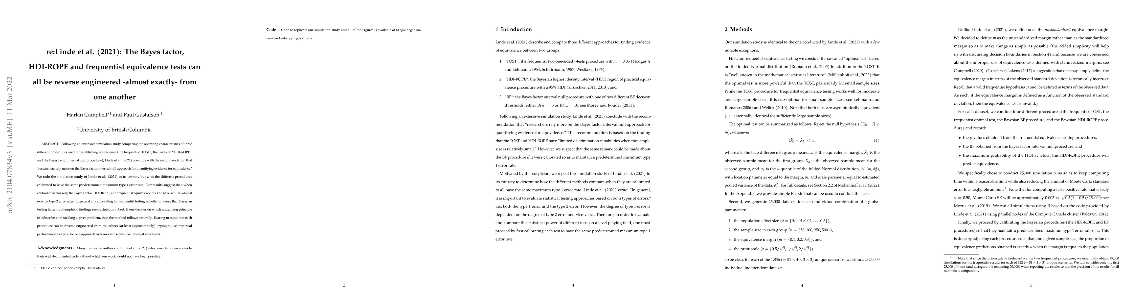 Thumbnail for re:Linde et al. (2021): The Bayes factor, HDI-ROPE and frequentist
  equivalence tests can all be reverse engineered -- almost exactly -- from one
  another