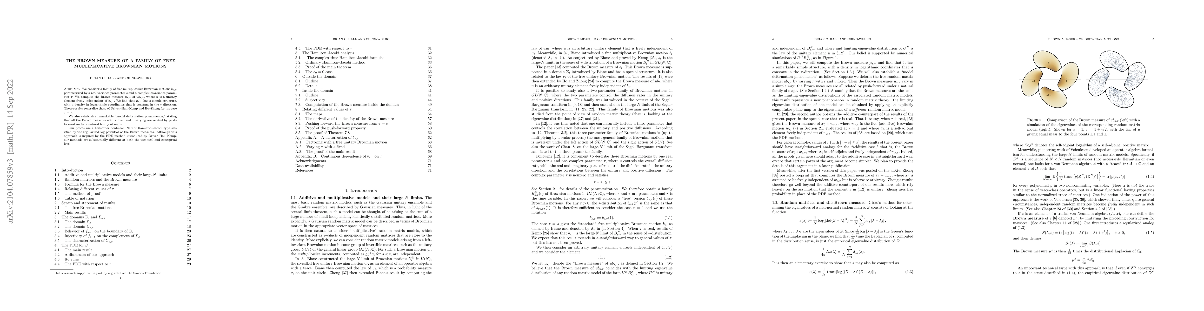 Thumbnail for The Brown measure of a family of free multiplicative Brownian motions