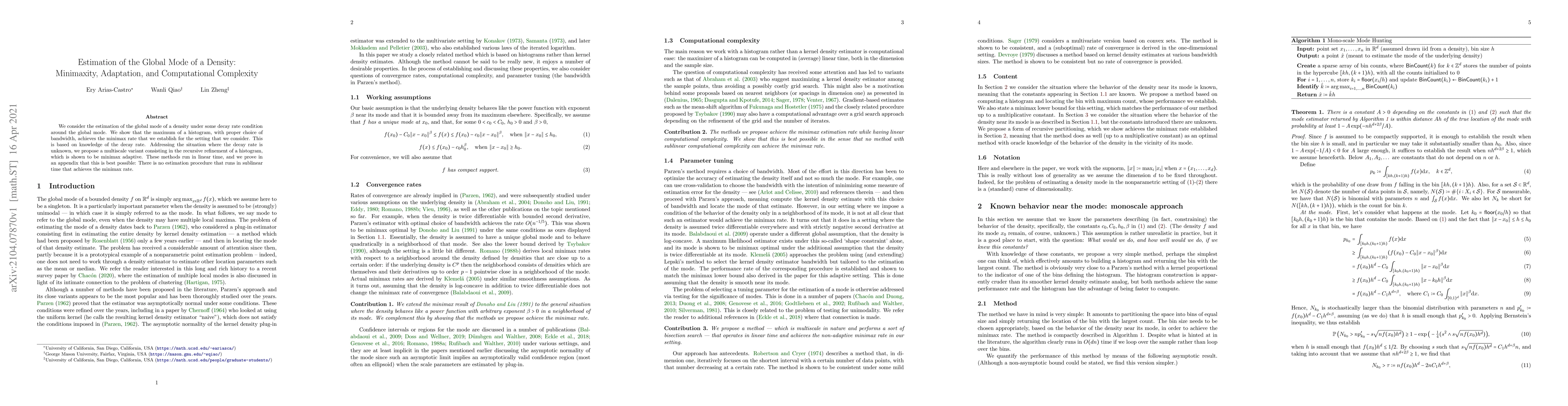 Thumbnail for Estimation of the Global Mode of a Density: Minimaxity, Adaptation, and
  Computational Complexity