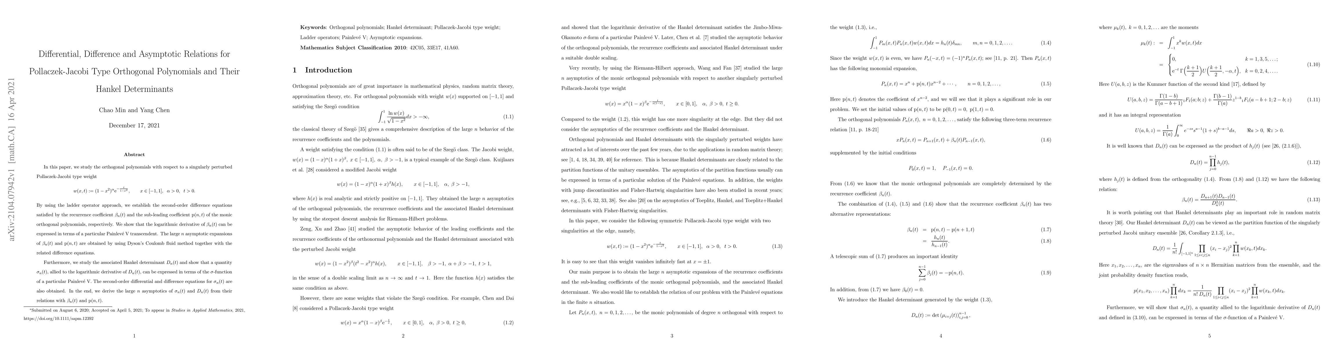 Thumbnail for Differential, Difference and Asymptotic Relations for Pollaczek-Jacobi
  Type Orthogonal Polynomials and Their Hankel Determinants