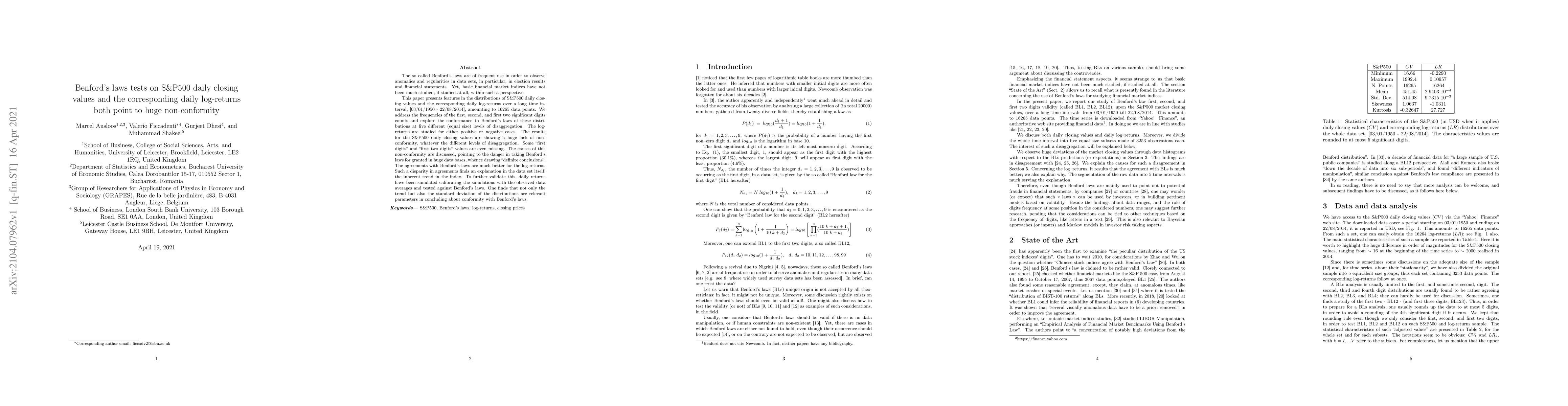 Thumbnail for Benford's laws tests on S&P500 daily closing values and the
  corresponding daily log-returns both point to huge non-conformity