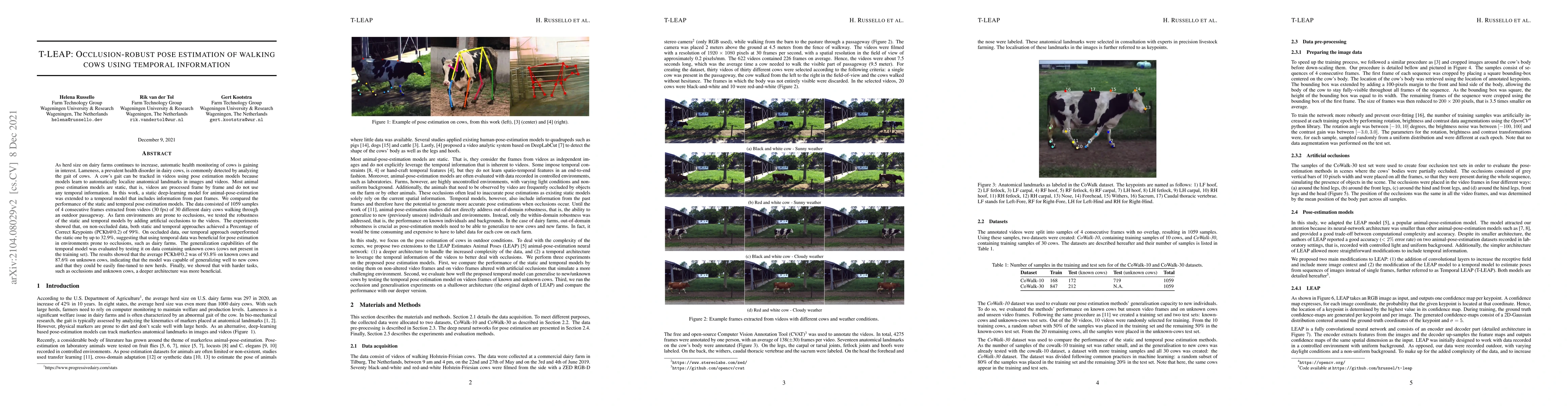 Thumbnail for T-LEAP: Occlusion-robust pose estimation of walking cows using temporal
  information