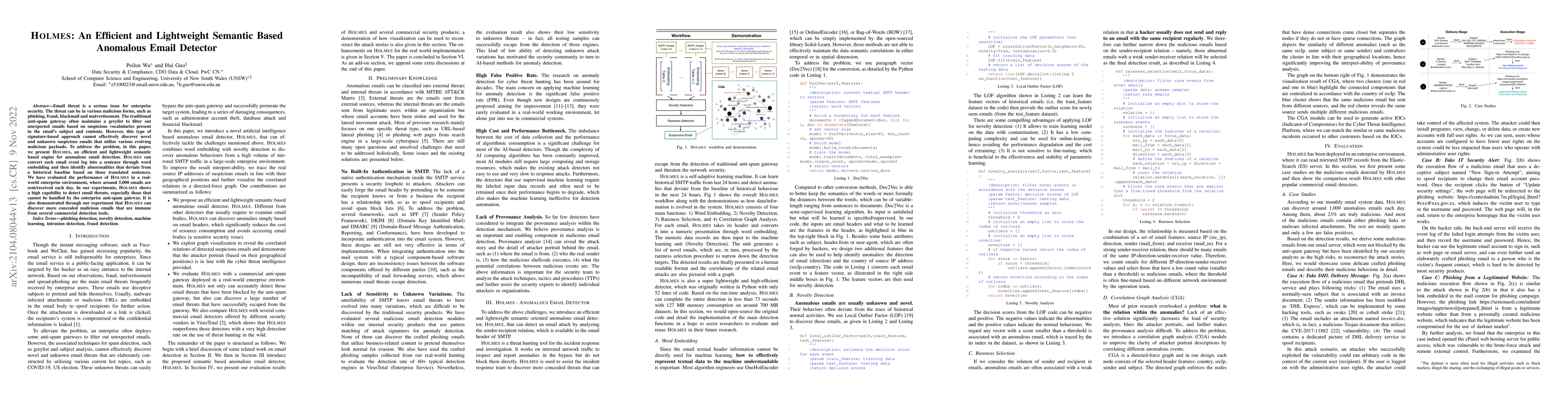 Thumbnail for Holmes: An Efficient and Lightweight Semantic Based Anomalous Email
  Detector