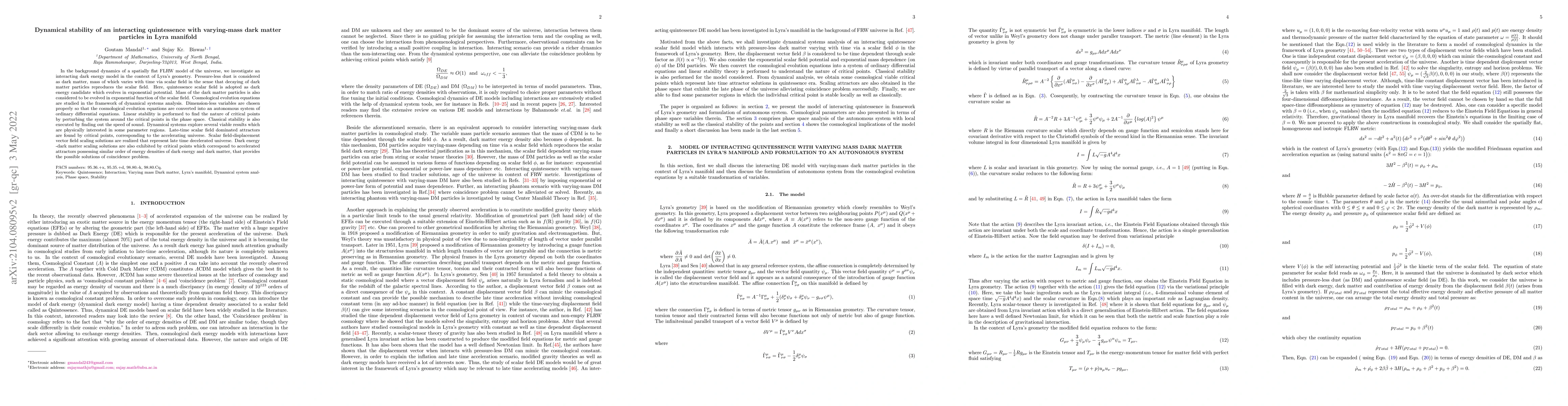 Thumbnail for Dynamical stability of an interacting quintessence with varying-mass
  dark matter particles in Lyra manifold