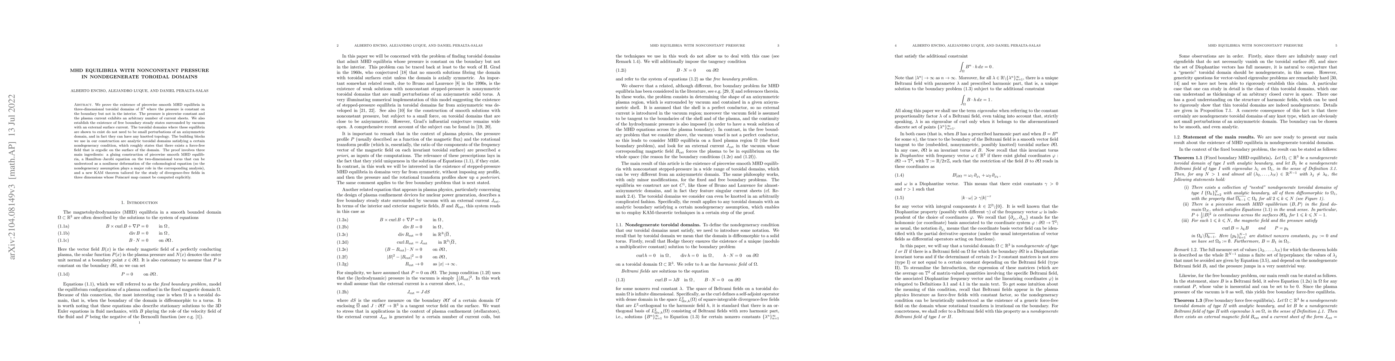 Thumbnail for MHD equilibria with nonconstant pressure in nondegenerate toroidal
  domains