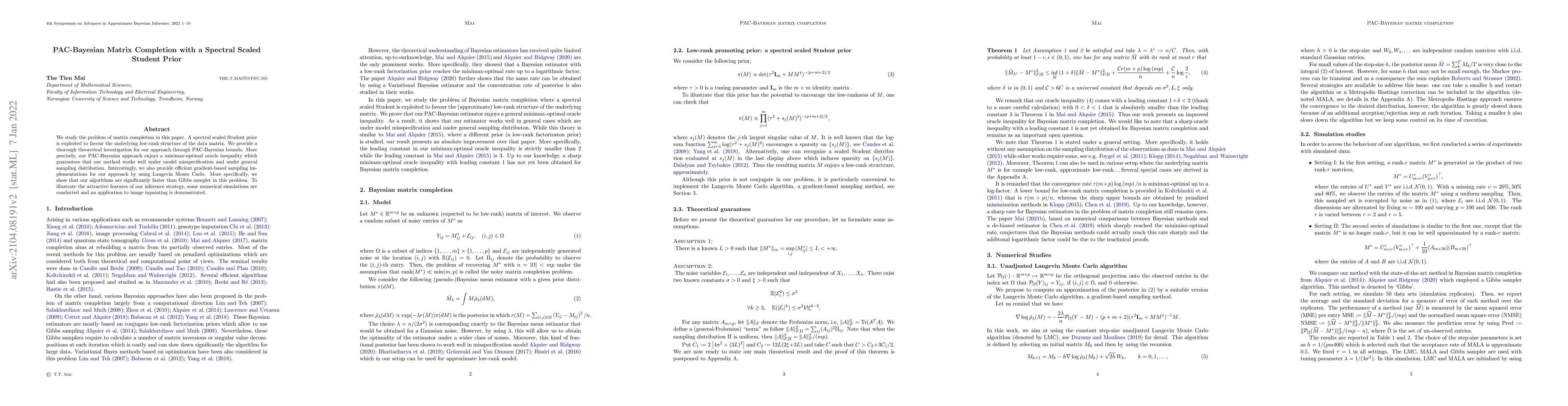 Thumbnail for PAC-Bayesian Matrix Completion with a Spectral Scaled Student Prior