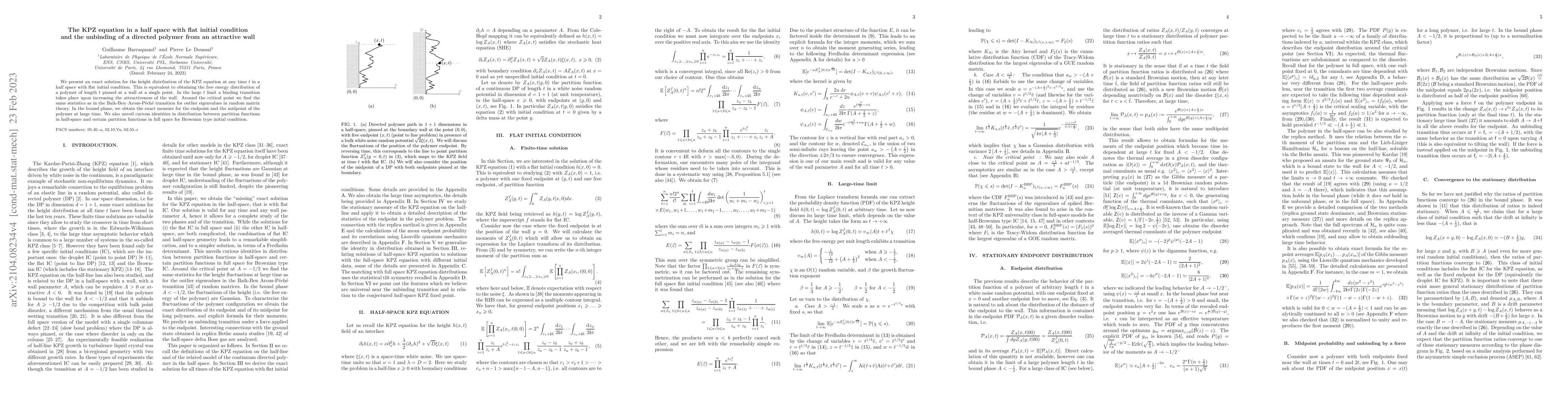 Thumbnail for The KPZ equation in a half space with flat initial condition and the
  unbinding of a directed polymer from an attractive wall