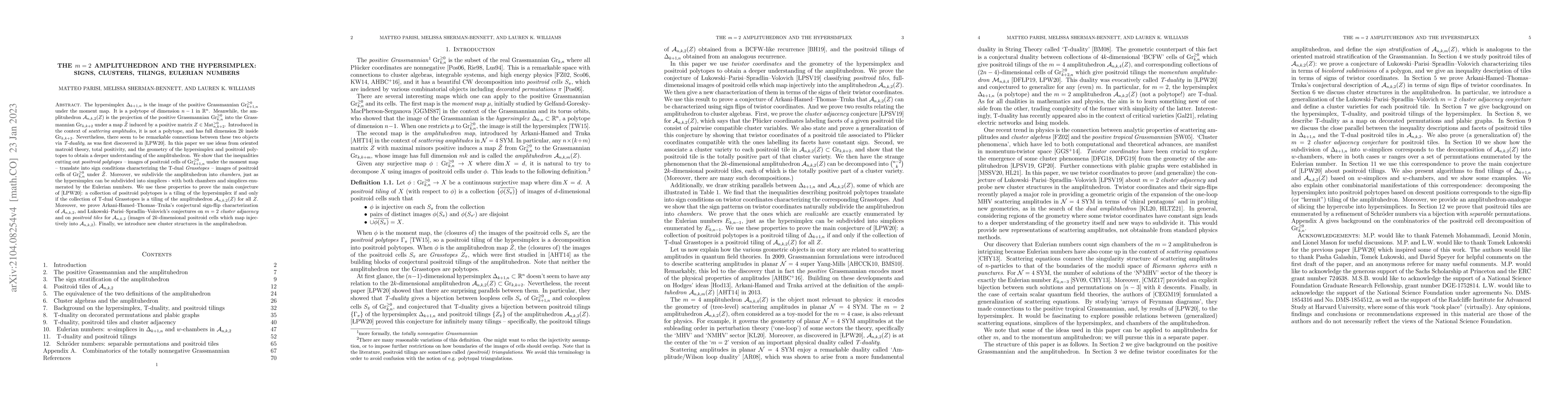 Thumbnail for The m=2 amplituhedron and the hypersimplex: signs, clusters,
  triangulations, Eulerian numbers