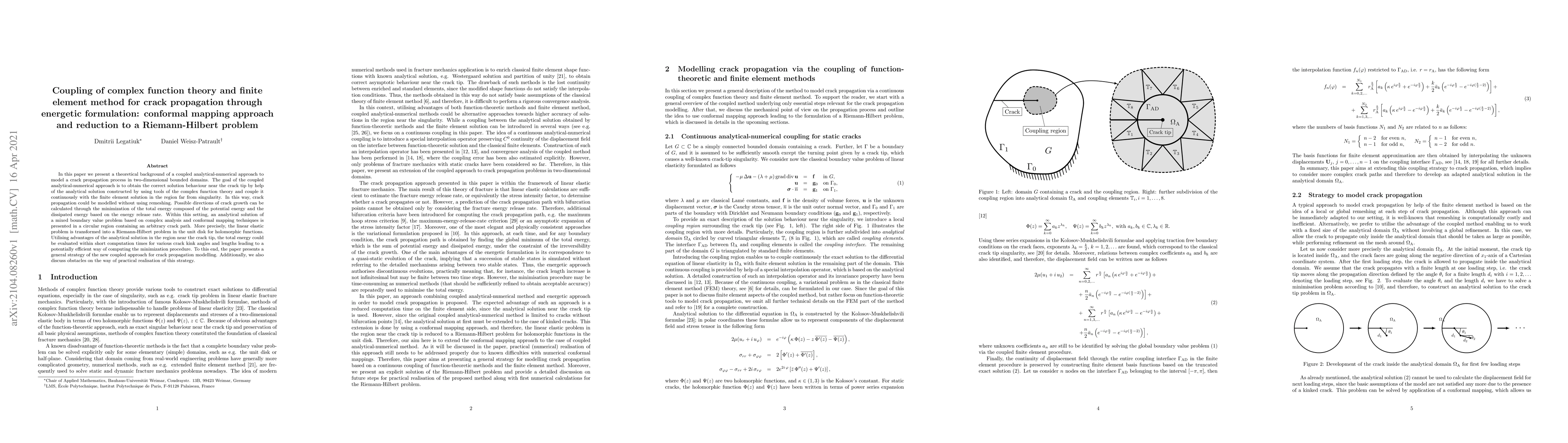 Thumbnail for Coupling of complex function theory and finite element method for crack
  propagation through energetic formulation: conformal mapping approach and
  reduction to a Riemann-Hilbert problem