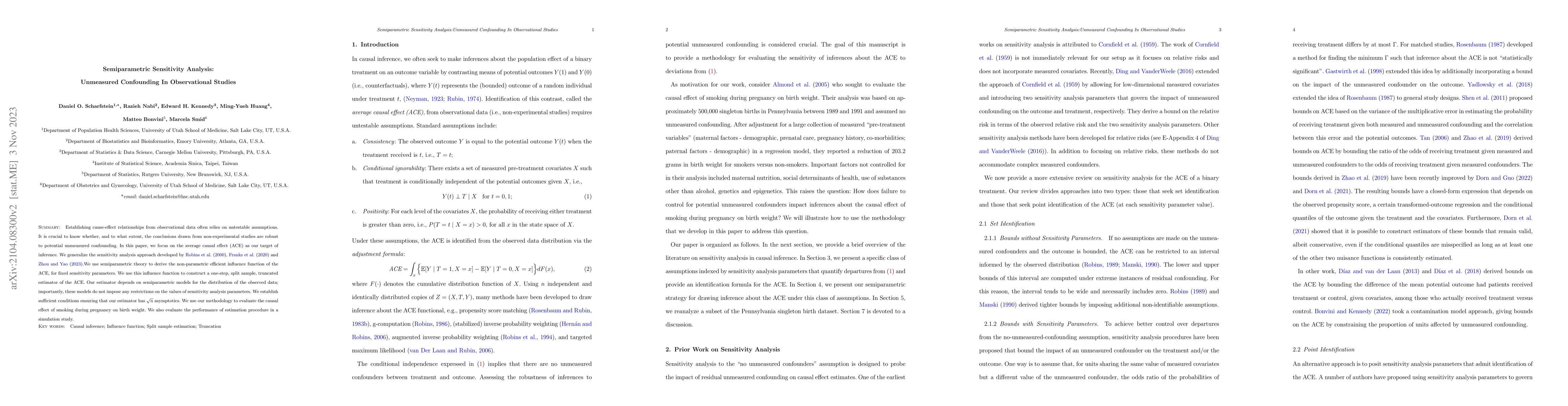 Thumbnail for Semiparametric Sensitivity Analysis: Unmeasured Confounding In
  Observational Studies