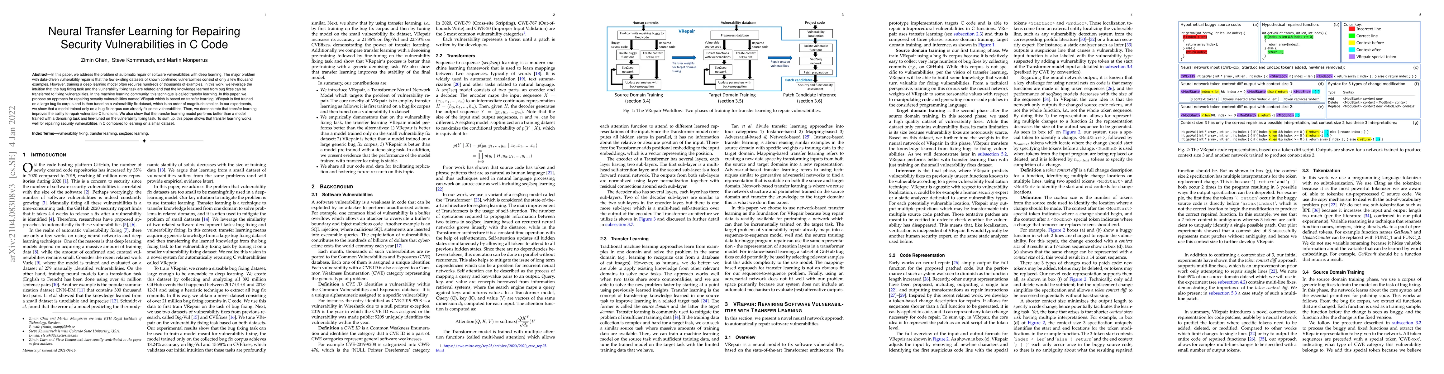 Thumbnail for Neural Transfer Learning for Repairing Security Vulnerabilities in C
  Code