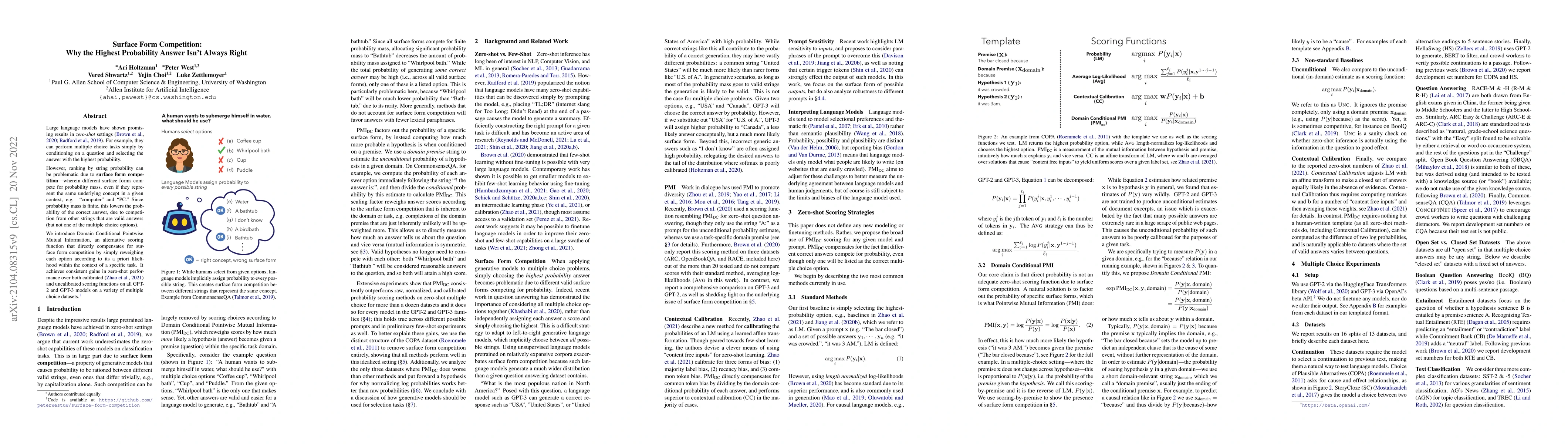 Thumbnail for Surface Form Competition: Why the Highest Probability Answer Isn't
  Always Right