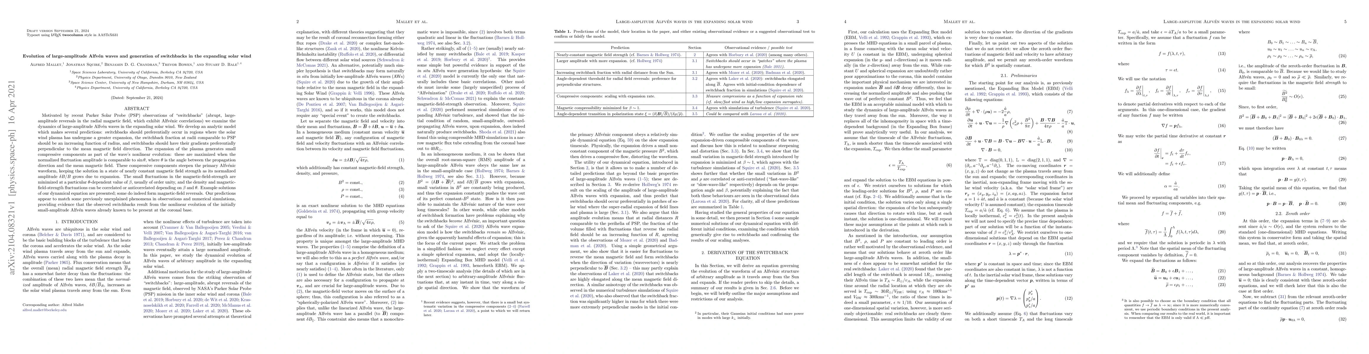 Thumbnail for Evolution of large-amplitude Alfv\'en waves and generation of
  switchbacks in the expanding solar wind