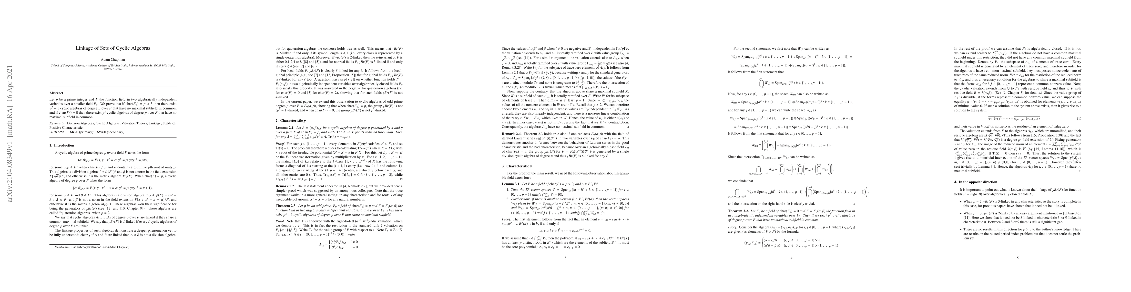 Thumbnail for Linkage of Sets of Cyclic Algebras