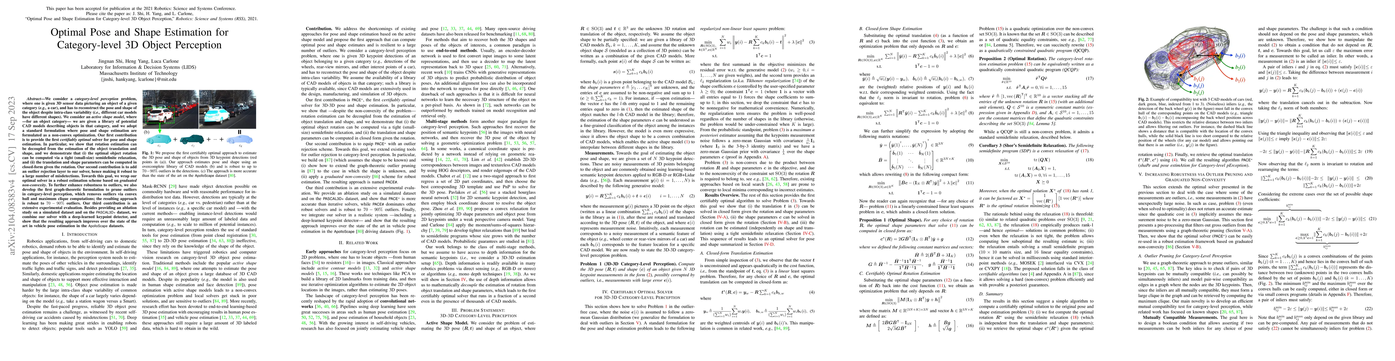Thumbnail for Optimal Pose and Shape Estimation for Category-level 3D Object
  Perception