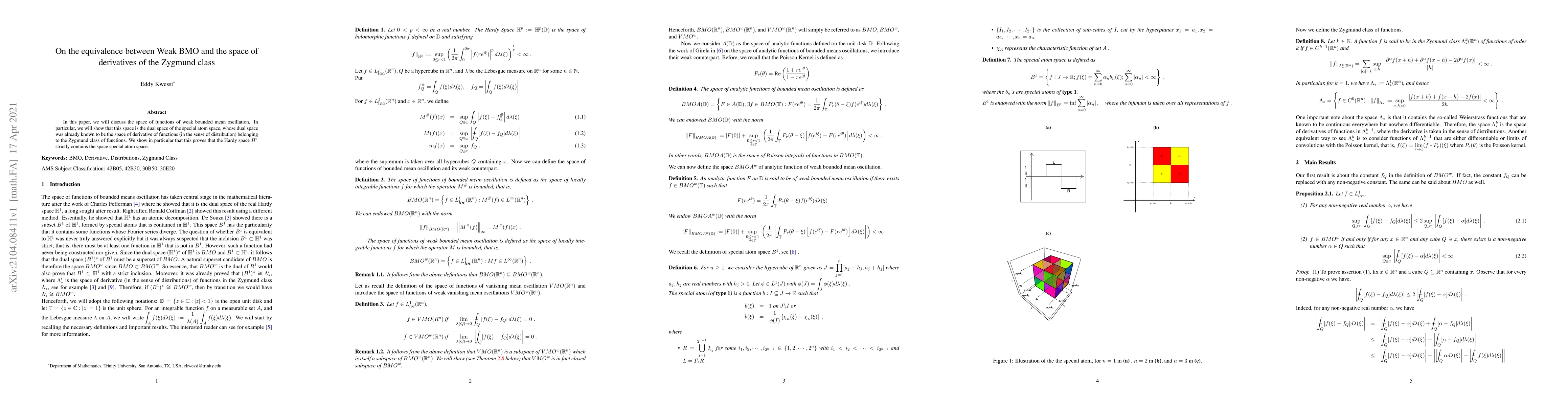 Thumbnail for On the equivalence between weak BMO and the space of derivatives of the
  Zygmund class