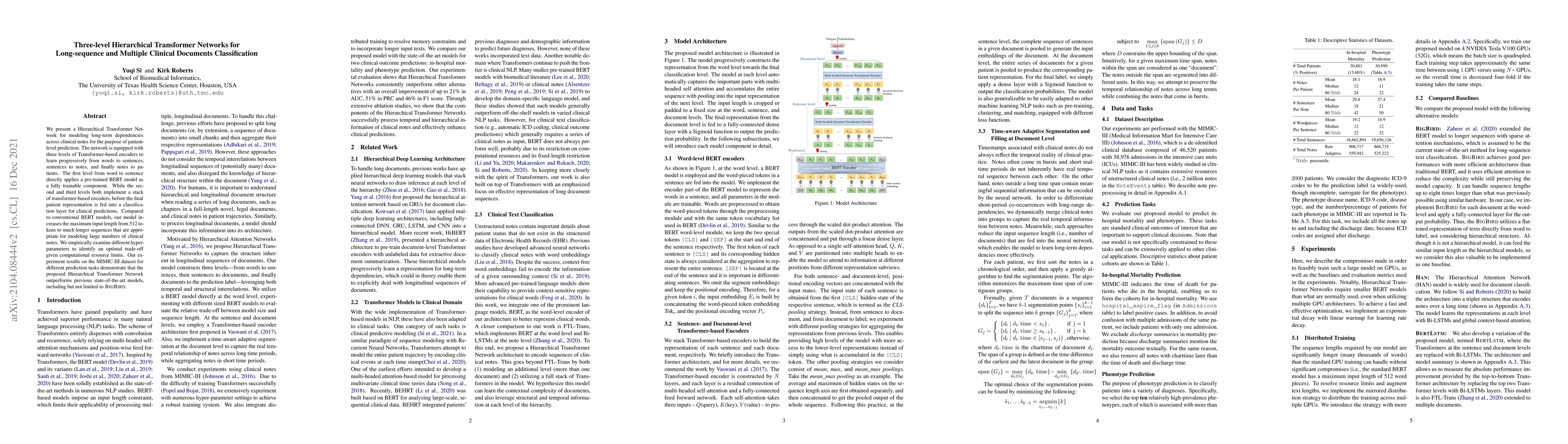 Thumbnail for Three-level Hierarchical Transformer Networks for Long-sequence and
  Multiple Clinical Documents Classification