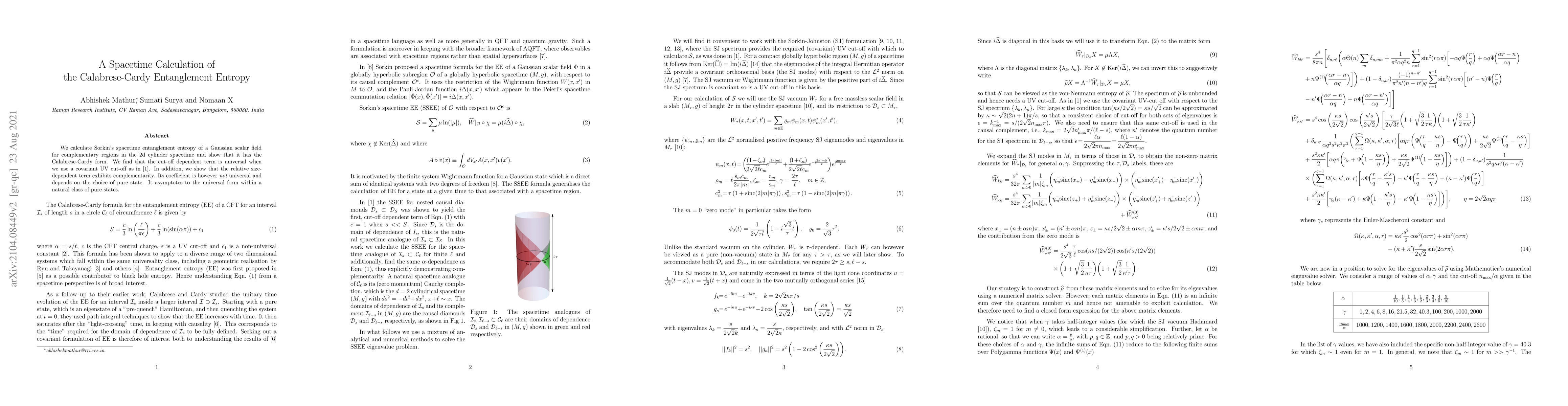 Thumbnail for A Spacetime Calculation of the Calabrese-Cardy Entanglement Entropy