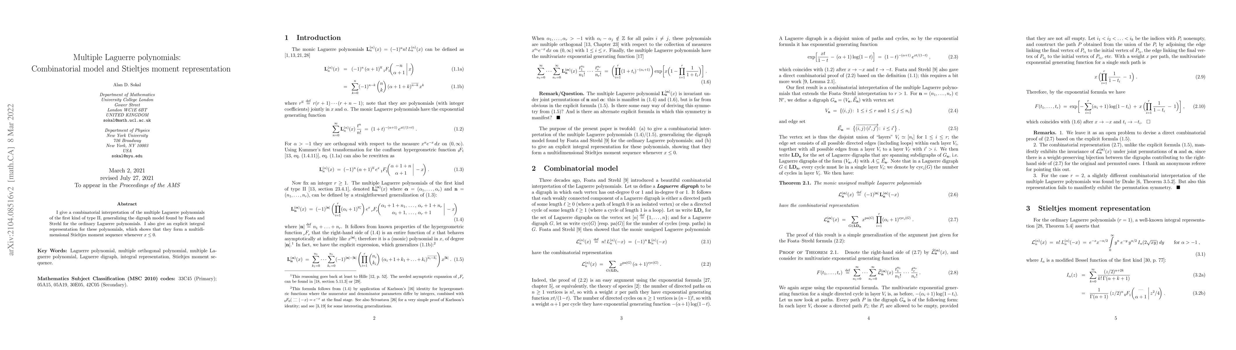 Thumbnail for Multiple Laguerre polynomials: Combinatorial model and Stieltjes moment
  representation