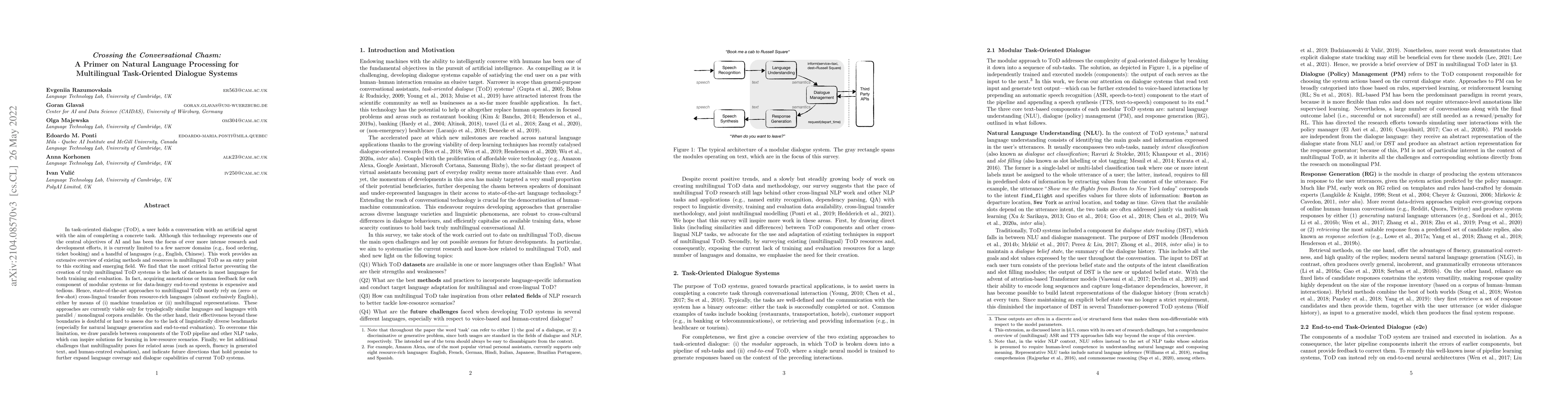 Thumbnail for Crossing the Conversational Chasm: A Primer on Natural Language
  Processing for Multilingual Task-Oriented Dialogue Systems