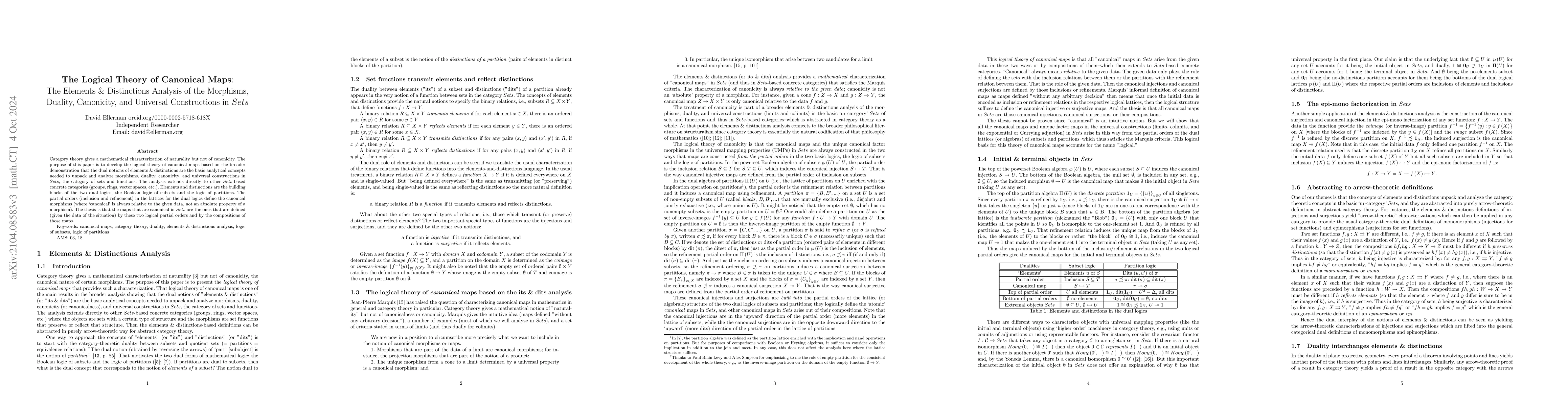 Thumbnail for The Logical Theory of Canonical Maps: The Elements & Distinctions
  Analysis of the Morphisms, Duality, Canonicity, and Universal Constructions
  in Set