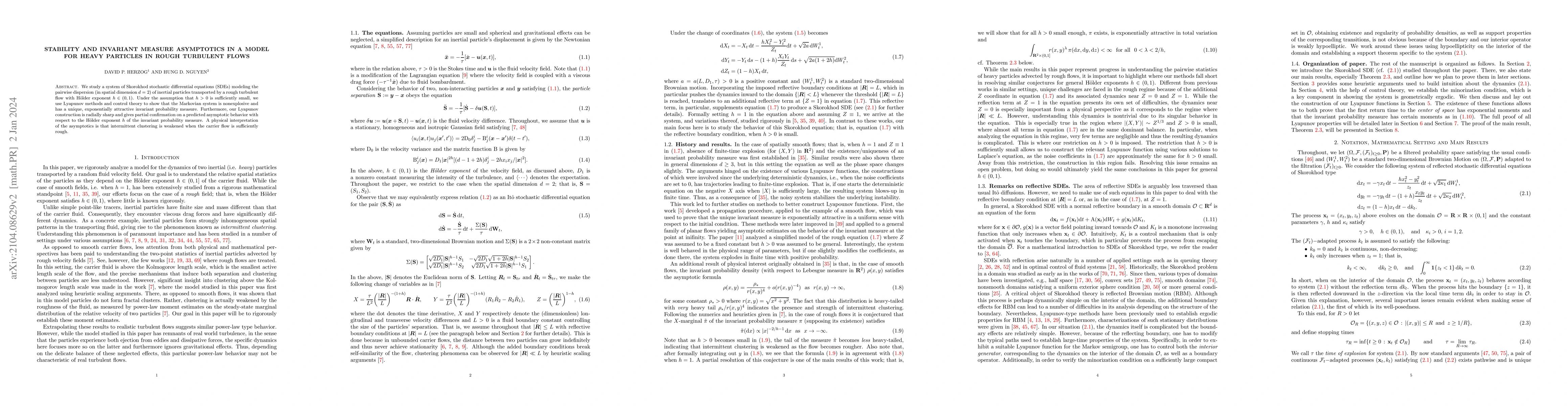 Thumbnail for Stability and invariant measure asymptotics in a model for heavy
  particles in rough turbulent flows