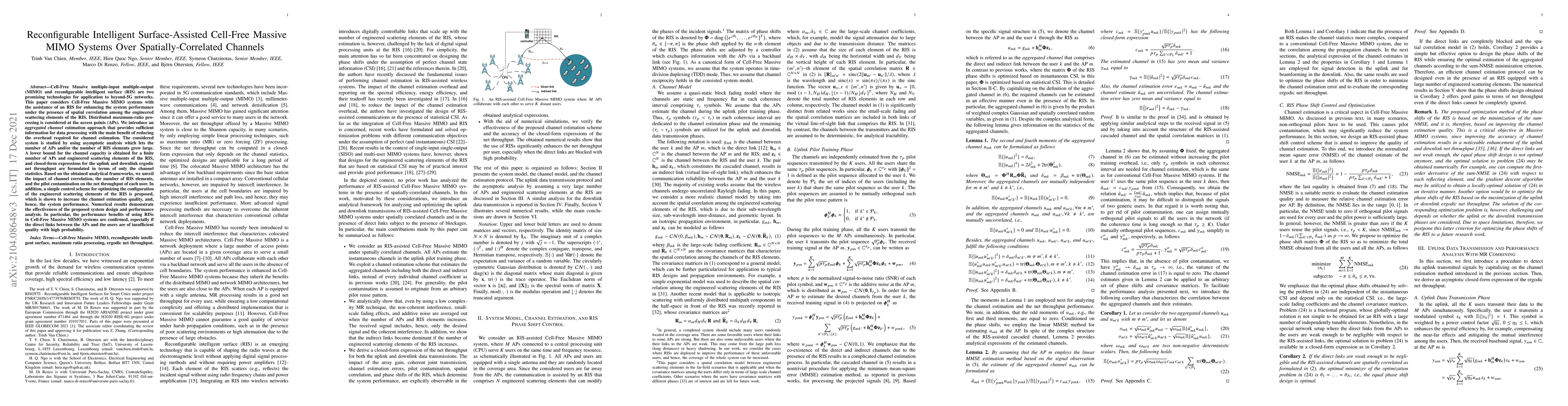 Thumbnail for Reconfigurable Intelligent Surface-Assisted Cell-Free Massive MIMO
  Systems Over Spatially-Correlated Channels