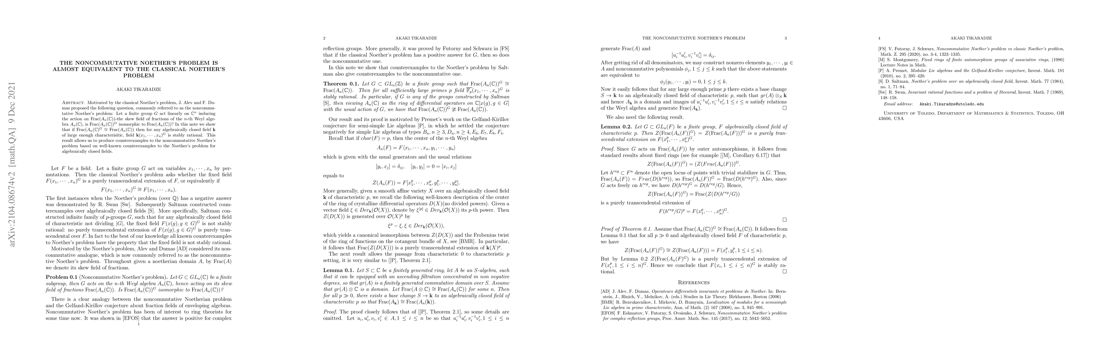 Thumbnail for Noncommutative Noether's problem is almost equivalent to the classical
  Noether's problem