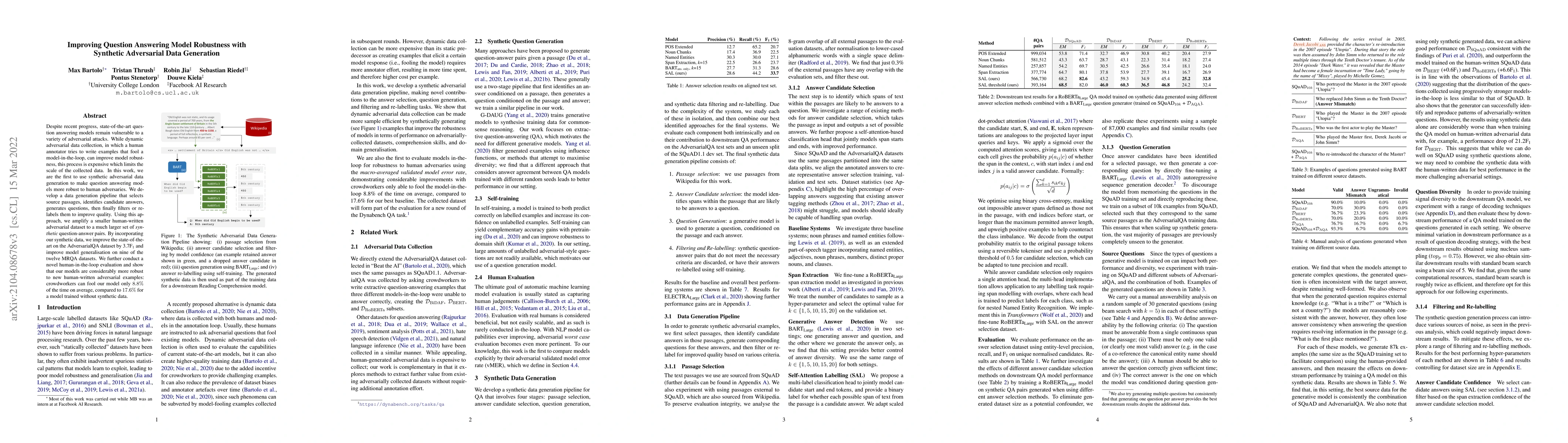 Thumbnail for Improving Question Answering Model Robustness with Synthetic Adversarial
  Data Generation
