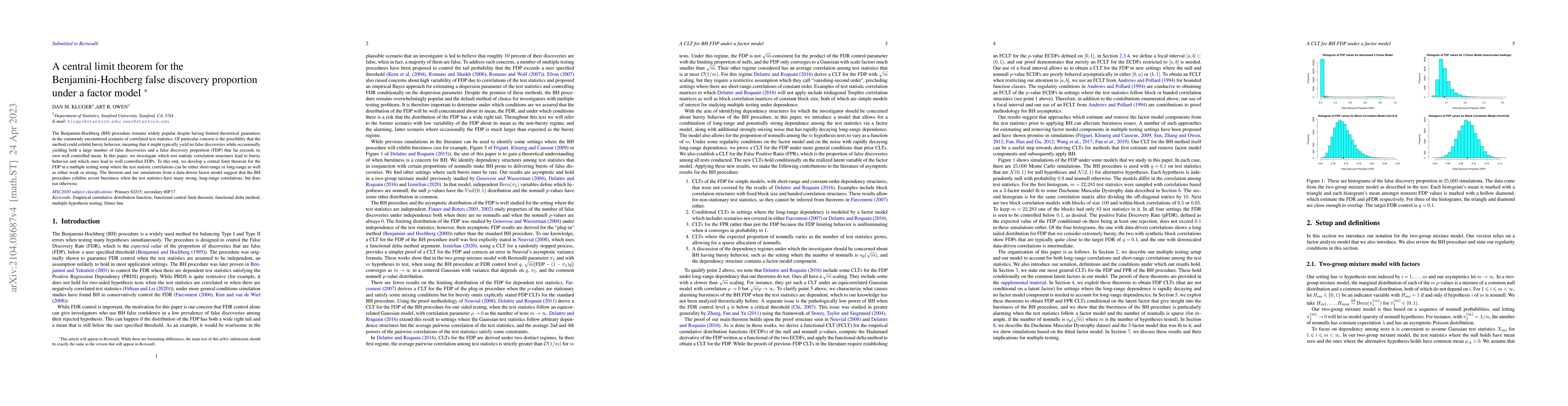 Thumbnail for A central limit theorem for the Benjamini-Hochberg false discovery
  proportion under a factor model